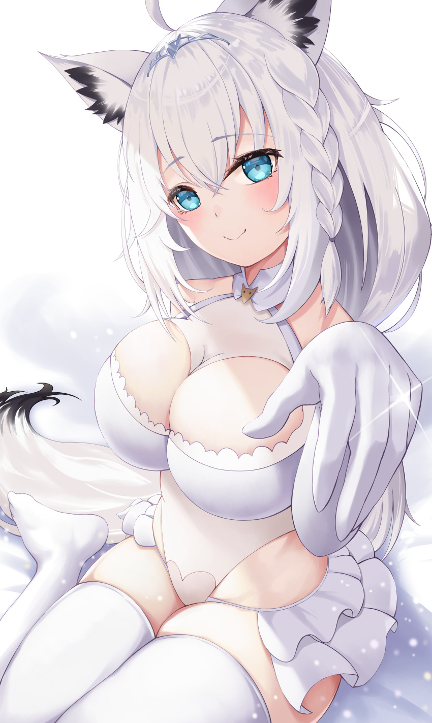 1girl absurdres ahoge animal_ear_fluff animal_ears bangs blue_eyes blush braid breasts cleavage closed_mouth commentary detached_collar eyebrows_visible_through_hair fox_ears fox_girl fox_tail frills gloves hand_up highres hololive jewelry large_breasts leotard long_hair looking_at_viewer no_shoes revealing_clothes ring roina_(effj7473) shirakami_fubuki side_braid simple_background skindentation smile solo tail thighhighs very_long_hair virtual_youtuber wavy_mouth wedding_ring white_background white_gloves white_hair white_legwear white_leotard
