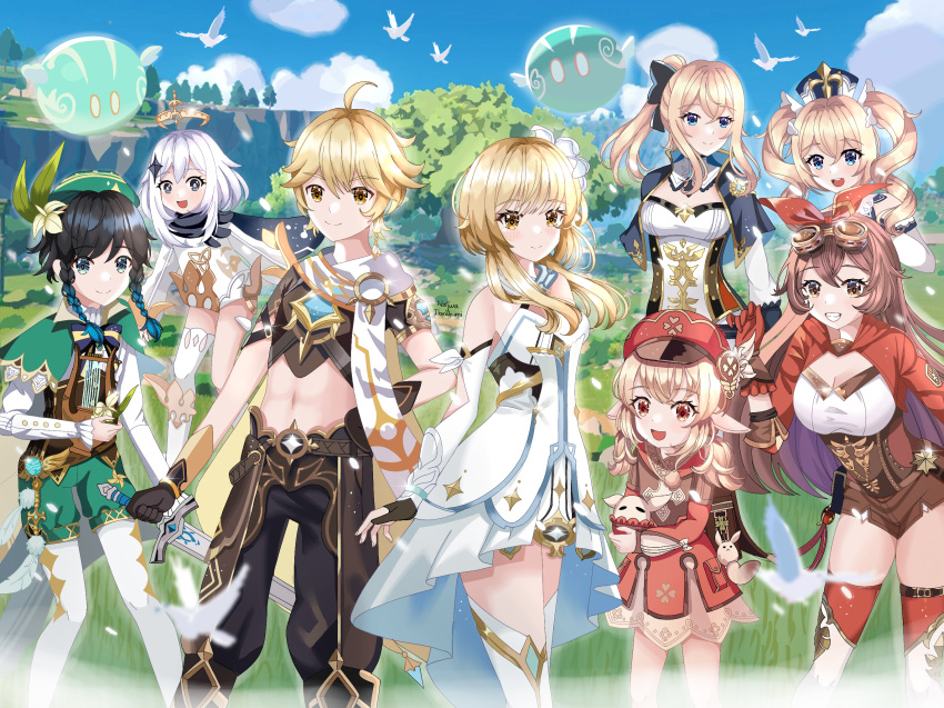 2boys 6+girls :d aether_(genshin_impact) ahoge amber_(genshin_impact) backpack bag bag_charm bangs belt bird black_eyes black_hair black_scarf blonde_hair blue_eyes blue_sky blurry bow braid braided_ponytail breasts brown_eyes brown_hair brown_scarf brown_shorts cabbie_hat cape capelet carrying charm_(object) cleavage cloud cloudy_sky clover_print coat collared_capelet commentary cropped_jacket depth_of_field dodoco_(genshin_impact) dress drill_hair english_commentary eyebrows_visible_through_hair floating flower genshin_impact goggles goggles_on_head gradient_hair green_eyes grin hair_between_eyes hair_bow hair_flower hair_ornament hair_ribbon hairband harp hat hat_feather hat_flower hat_ornament height_difference highres holding holding_instrument hood hooded_coat hooded_jacket instrument jacket jean_(genshin_impact) jumpy_dumpty klee_(genshin_impact) light_brown_eyes light_brown_hair long_hair long_sleeves looking_at_viewer low_ponytail low_twintails lumine_(genshin_impact) multicolored_hair multiple_boys multiple_girls najwa_ibrahimi navel nun open_mouth orange_eyes paimon_(genshin_impact) pocket pointy_ears ponytail randoseru red_coat red_headwear ribbon scarf short_hair short_hair_with_long_locks short_sleeves shorts sidelocks single_braid size_difference sky slime_(genshin_impact) smile stomach strapless thighhighs twin_braids twin_drills twintails two-tone_gloves venti_(genshin_impact) vision_(genshin_impact) white_dress white_hair white_legwear white_scarf zettai_ryouiki