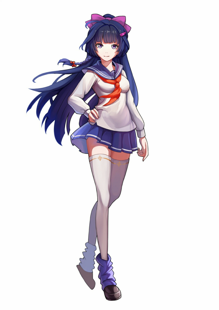 1girl 605394389 bangs benghuai_xueyuan black_footwear blue_skirt braid closed_mouth full_body hair_ribbon hand_on_hip highres honkai_(series) honkai_impact_3rd long_hair long_sleeves looking_at_viewer ponytail purple_eyes purple_hair raiden_mei ribbon school_uniform serafuku shirt shoes simple_background skirt solo thighhighs white_background white_legwear white_shirt