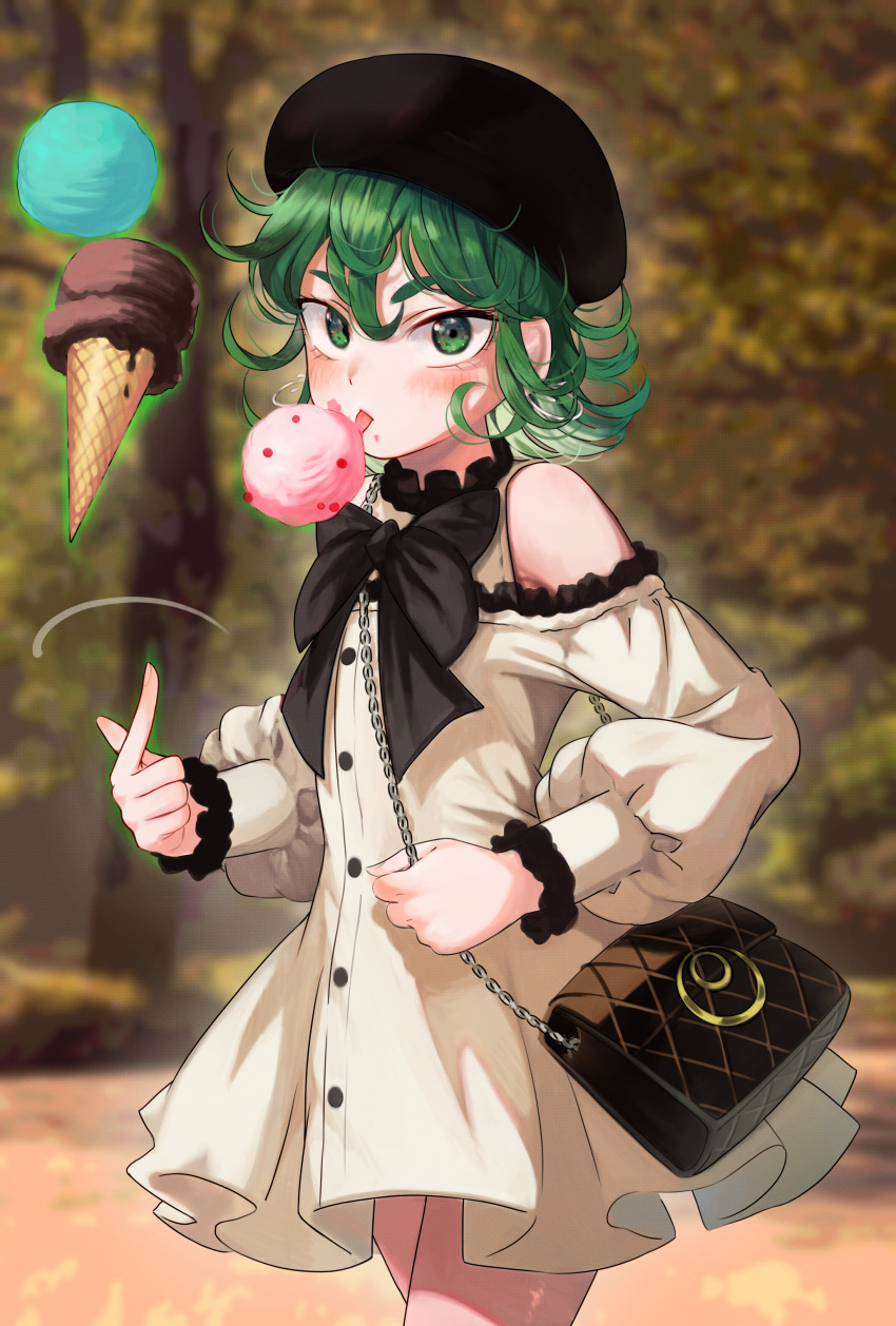 1girl absurdres bag beret black_bow black_bowtie black_headwear bow bowtie clothing_cutout commentary_request curly_hair dress eyebrows_visible_through_hair floating food green_eyes green_hair hair_between_eyes hat highres ice_cream licking looking_at_viewer mundane_utility one-punch_man outdoors short_hair shoulder_cutout solo tatsumaki telekinesis thighs torriet white_dress