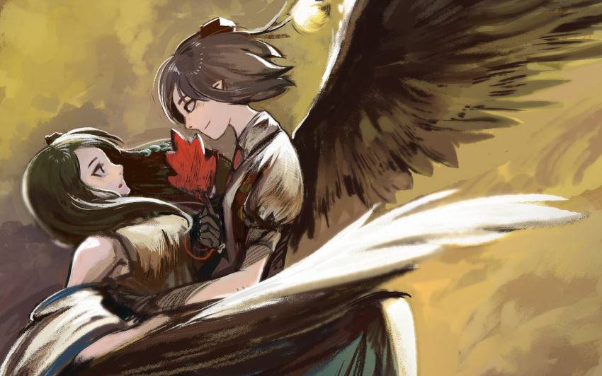 2girls black_wings blue_skirt breasts brown_hair brown_skirt closed_mouth collared_shirt detached_sleeves erty113 eye_contact feathered_wings flying frog_hair_ornament green_hair hair_ornament hand_fan hat holding holding_fan kochiya_sanae leaf_fan looking_at_another medium_breasts multiple_girls open_mouth outdoors pom_pom_(clothes) puffy_short_sleeves puffy_sleeves red_headwear shameimaru_aya shirt short_sleeves skirt sleeveless small_breasts snake_hair_ornament tokin_hat touhou wings