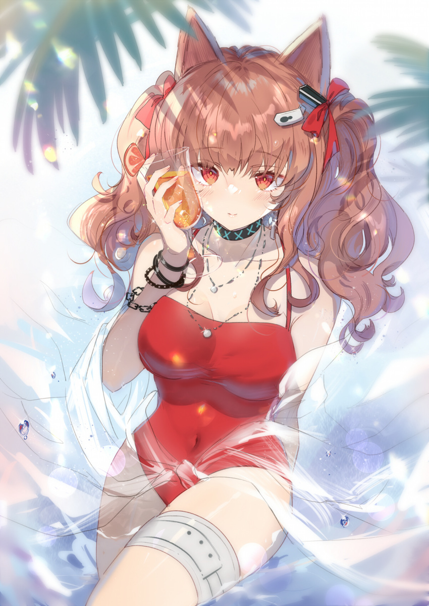 1girl angelina_(arknights) angelina_(summer_flowers)_(arknights) animal_ears arknights arm_behind_back bangs bare_shoulders blush bracelet breasts brown_hair casual_one-piece_swimsuit chain cleavage closed_mouth collar collarbone commentary cover-up covered_navel cowboy_shot cup cup_to_cheek domotolain drink drinking_glass earrings english_commentary eyebrows_visible_through_hair fox_ears hair_ribbon highres holding holding_cup infection_monitor_(arknights) jewelry large_breasts long_hair looking_at_viewer necklace official_alternate_costume one-piece_swimsuit red_eyes red_ribbon red_swimsuit ribbon see-through smile solo swimsuit thigh_strap thighs twintails wading water water_drop