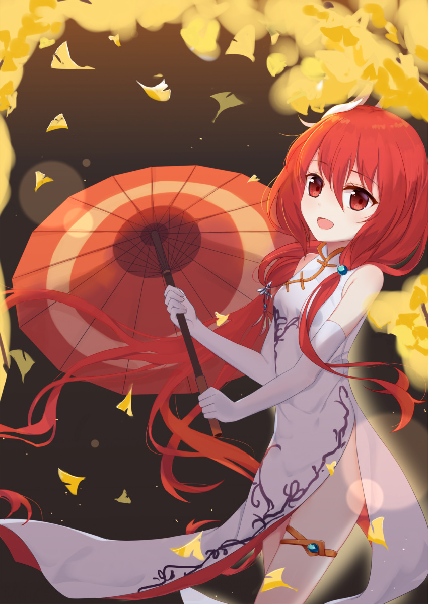 1girl :d bangs china_dress chinese_clothes dress elbow_gloves fufumi gloves hair_between_eyes hair_ornament highres holding holding_umbrella honkai_(series) honkai_impact_3rd jingwei_(honkai_impact) leaf long_hair looking_at_viewer no_panties oil-paper_umbrella open_mouth petals red_eyes red_hair sleeveless sleeveless_dress smile solo umbrella white_dress white_gloves