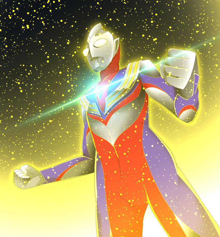 1boy absurdres alien aura color_timer commentary_request glitter_tiga glowing glowing_eyes highres kal_(kaerutoyomu) light_particles shiny solo tokusatsu ultra_series ultraman_tiga ultraman_tiga_(series) yellow_eyes