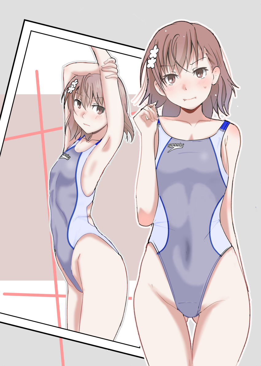 1girl absurdres armpits arms_up ass_visible_through_thighs breasts brown_hair collarbone competition_swimsuit covered_navel cowboy_shot flower grey_background grey_swimsuit hair_flower hair_ornament hair_twirling highres looking_at_viewer misaka_mikoto niea one-piece_swimsuit short_hair sketch small_breasts solo standing swimsuit thigh_gap toaru_kagaku_no_railgun toaru_majutsu_no_index white_flower