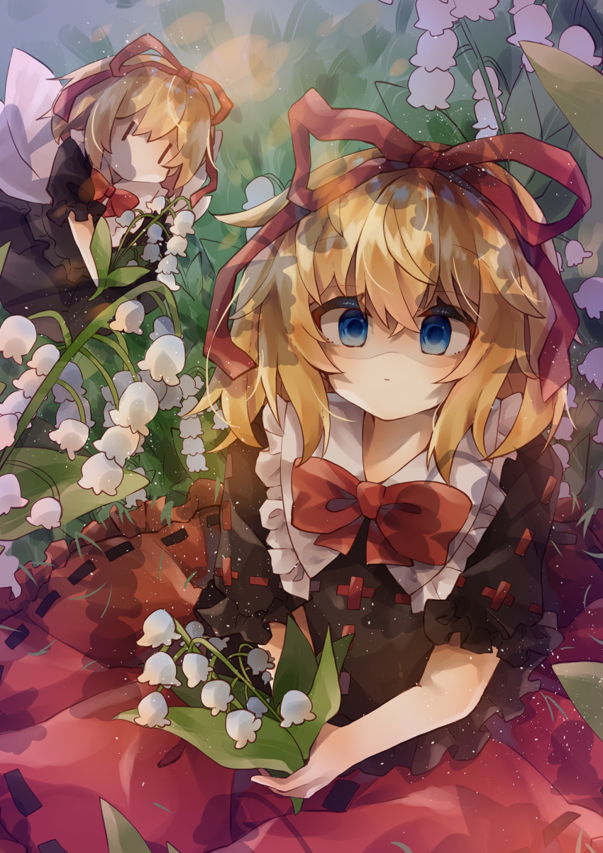 1girl :o absurdres black_ribbon blonde_hair blue_eyes bow doll flower frilled_shirt frilled_shirt_collar frilled_skirt frilled_sleeves frills highres holding holding_flower lily_of_the_valley medicine_melancholy puffy_short_sleeves puffy_sleeves red_bow red_neckwear red_ribbon red_skirt ribbon ribbon-trimmed_skirt ribbon_trim shirt short_hair short_sleeves skirt solo touhou wavy_hair yuusya_edamame