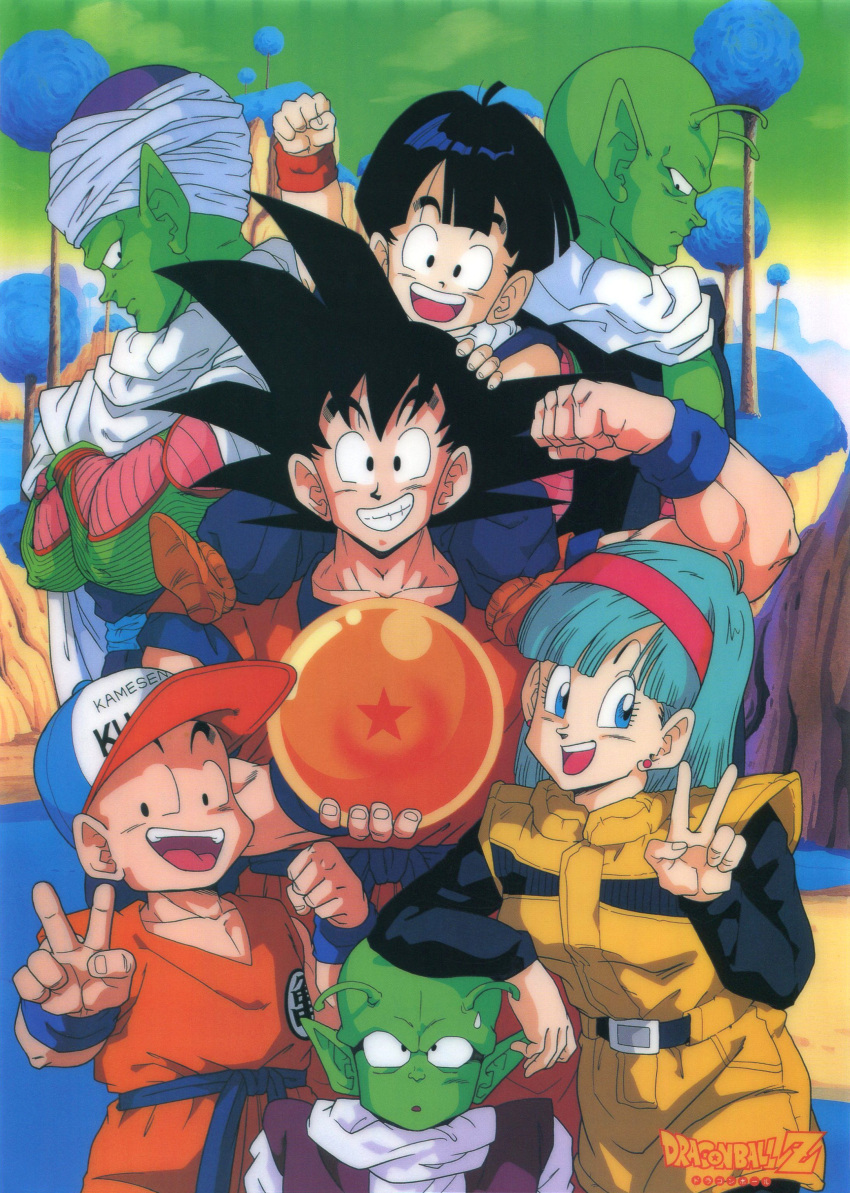 1990s_(style) 1girl 6+boys :d absurdres antennae aqua_hair arm_on_head arm_up ball bangs baseball_cap black_eyes black_hair blue_eyes brown_footwear bulma cape carrying clothes_writing colored_skin copyright_name crossed_arms day dende dougi dragon_ball dragon_ball_(object) dragon_ball_z earrings emblem father_and_son flexing green_skin green_sky grin hairband hat height_difference highres holding holding_ball jewelry kuririn logo long_sleeves medium_hair multiple_boys muscular muscular_male nail_(dragon_ball) namek namekian no_eyebrows official_art open_mouth outdoors piccolo piggyback pointy_ears pose profile retro_artstyle saiyan scan smile son_gohan son_goku spiked_hair standing stud_earrings sweatdrop teeth turban upper_teeth v white_cape wristband