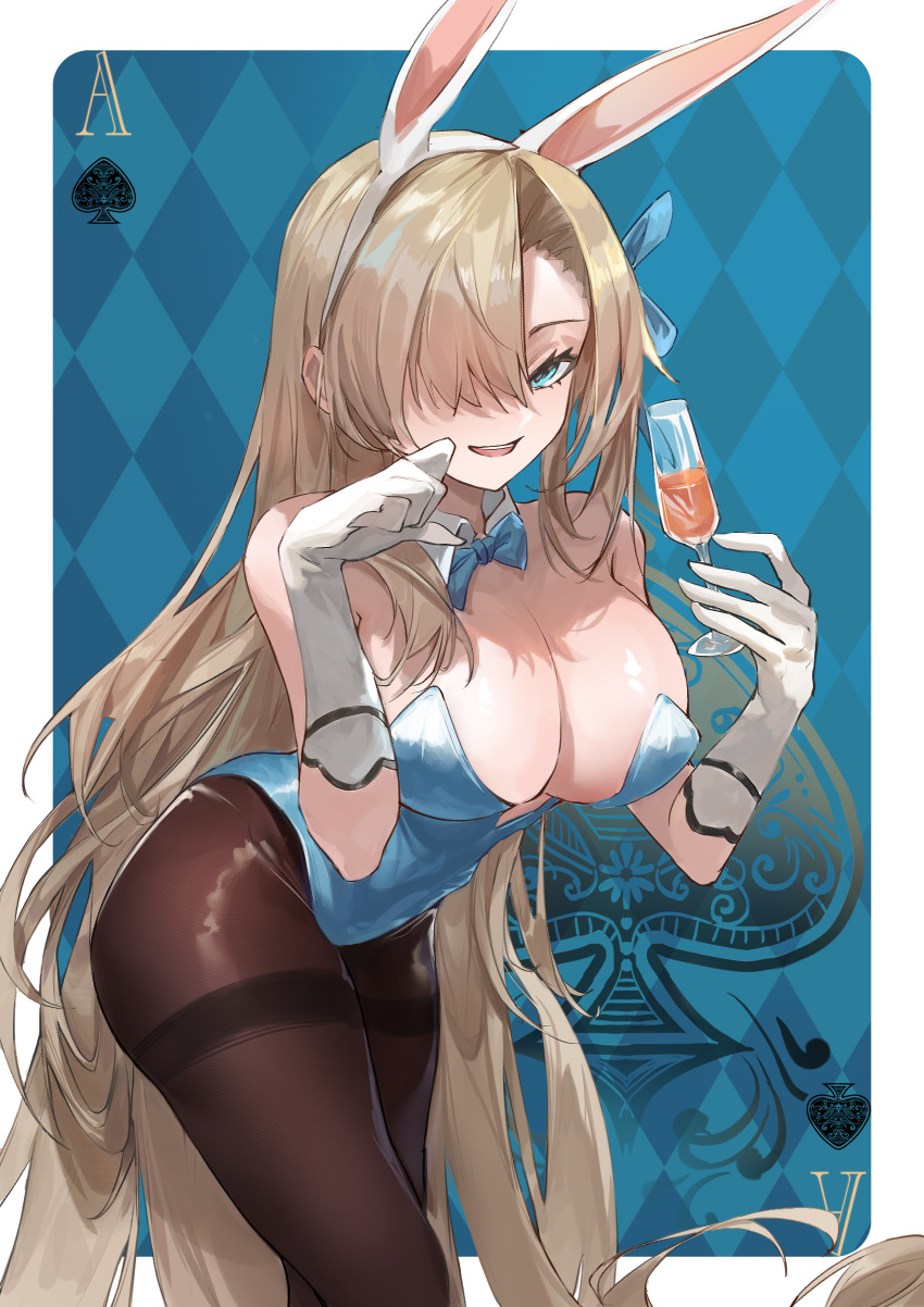 1girl absurdres ace_of_spades animal_ears asuna_(blue_archive) bangs blue_archive blue_bow blue_bowtie blue_eyes blue_leotard blue_ribbon bow bowtie breasts brown_legwear chinese_commentary cleavage commentary_request cowboy_shot cup dated_commentary detached_collar fake_animal_ears gloves hair_over_one_eye hair_ribbon hairband hands_up highres holding holding_cup large_breasts leotard light_brown_hair long_hair looking_at_viewer open_mouth pantyhose playboy_bunny rabbit_ears ribbon smile solo standing strapless strapless_leotard strash teeth upper_teeth very_long_hair white_gloves white_hairband