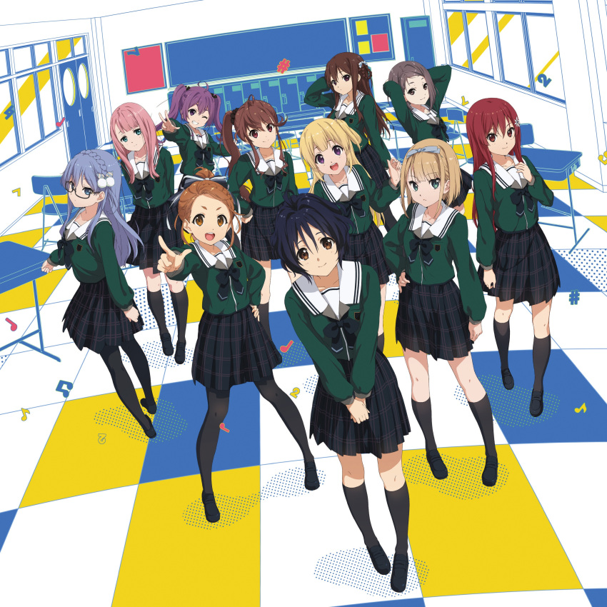 22/7 6+girls absurdres album_cover bangs black_legwear blonde_hair blue_bow blue_eyes blue_hair bow braid brown_eyes brown_hair classroom cover flower fujima_sakura glasses green_eyes hair_ornament hair_ribbon highres hiiragi_tsubomi indoors kamiki_mikami kneehighs kouno_miyako long_hair looking_at_viewer maruyama_akane multiple_girls official_art open_mouth pantyhose pink_hair purple_eyes purple_hair red_eyes red_hair ribbon saitou_nicole satou_reika school_uniform shirt short_hair side_ponytail skirt smile socks tachikawa_ayaka takigawa_miu toda_jun toujou_yuuki