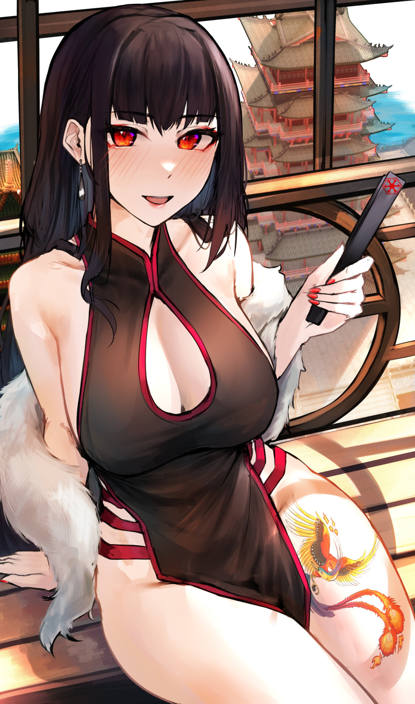 1girl absurdres architecture ark_survival_evolved bangs black_dress black_hair blush breasts china_dress chinese_clothes cleavage cleavage_cutout clothing_cutout collarbone commission dress earrings east_asian_architecture english_commentary fur_scarf hair_behind_ear hand_fan highres holding holding_fan jewelry large_breasts leg_tattoo long_hair looking_at_viewer looking_up naokomama open_mouth original red_eyes second-party_source sitting smile solo tattoo