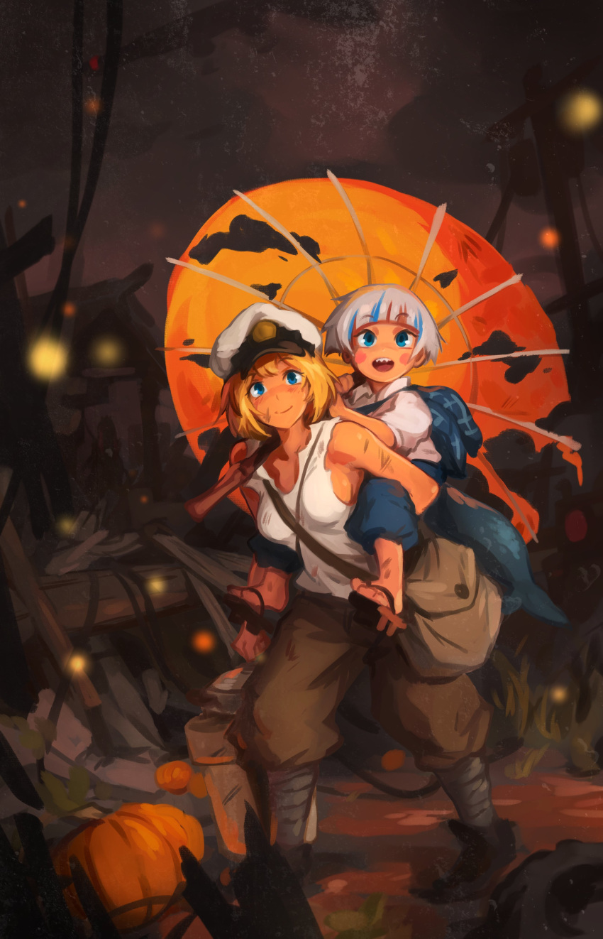 2girls absurdres bag blonde_hair blue_hair blush_stickers boots breasts bucket carrying cosplay crossover english_commentary fireflies gawr_gura halloween halloween_costume hat highres hololive hololive_english hotaru_no_haka khyle. medium_breasts military_hat multicolored_hair multiple_girls night oil-paper_umbrella open_mouth outdoors pants parody piggyback pumpkin sandals seita_(hotaru_no_haka) setsuko_(hotaru_no_haka) shirt silver_hair smile streaked_hair torn_umbrella umbrella virtual_youtuber watson_amelia white_shirt