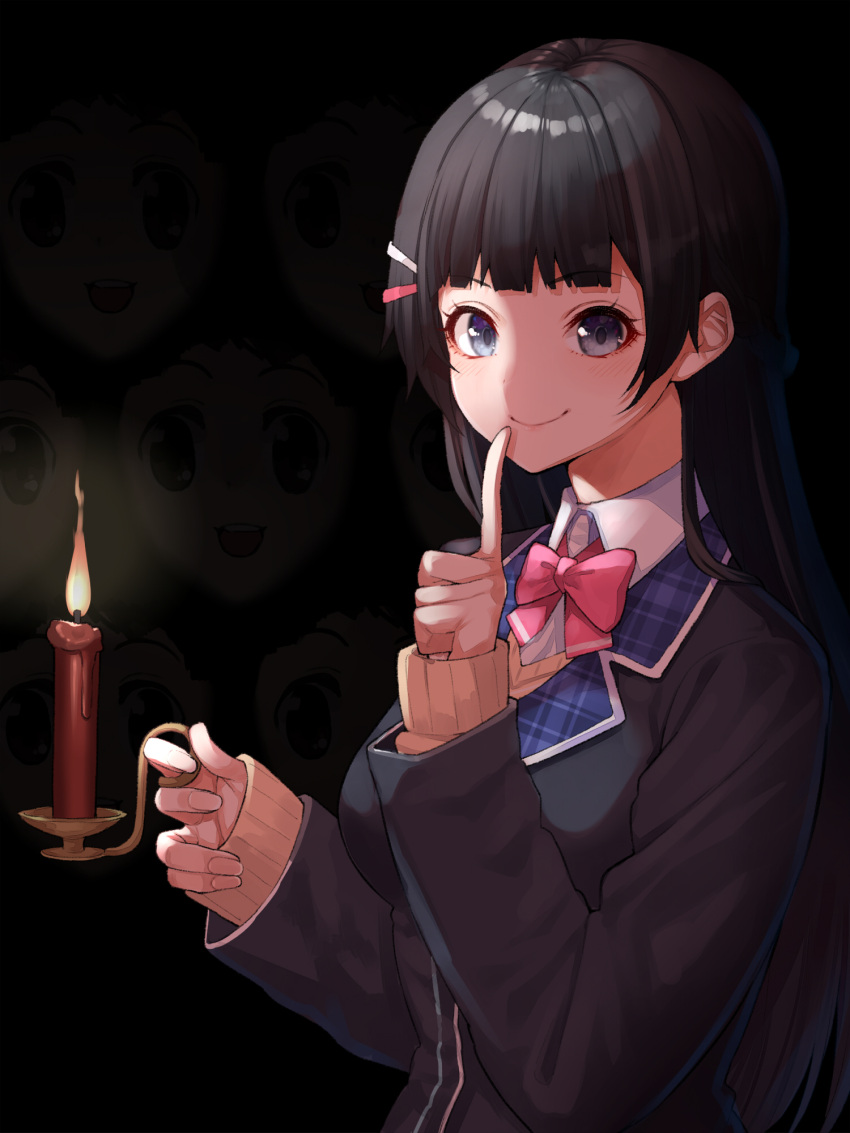 1girl black_background black_eyes black_hair black_jacket blazer bow bowtie candle cardigan closed_mouth collared_shirt dark hair_ornament hairclip hand_up highres holding holding_candle index_finger_raised jacket long_hair long_sleeves looking_at_viewer mikan_(chipstar182) nazono_mito nijisanji pink_bow pink_bowtie school_uniform shirt smile solo tsukino_mito upper_body virtual_youtuber when_you_see_it white_shirt wing_collar