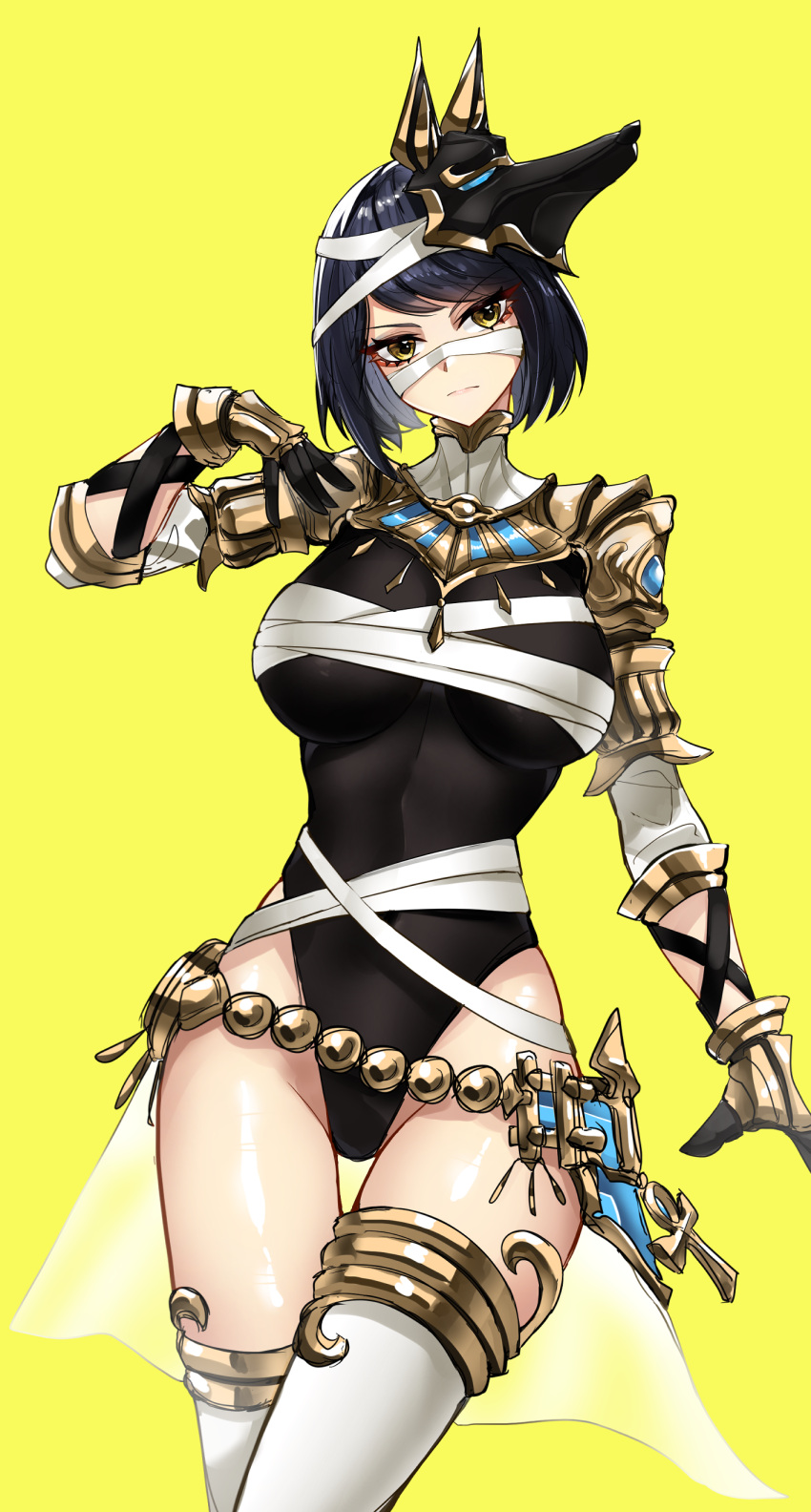 1girl absurdres alternate_costume bandage_on_face bandaged_arm bandaged_leg bandages bangs black_hair black_leotard breasts casul closed_mouth commentary dog_mask egyptian egyptian_clothes english_commentary gauntlets genshin_impact gold highleg highleg_leotard highres jewelry kujou_sara large_breasts leotard looking_at_viewer mask mask_on_head mummy short_hair solo thighhighs thighlet yellow_background yellow_eyes