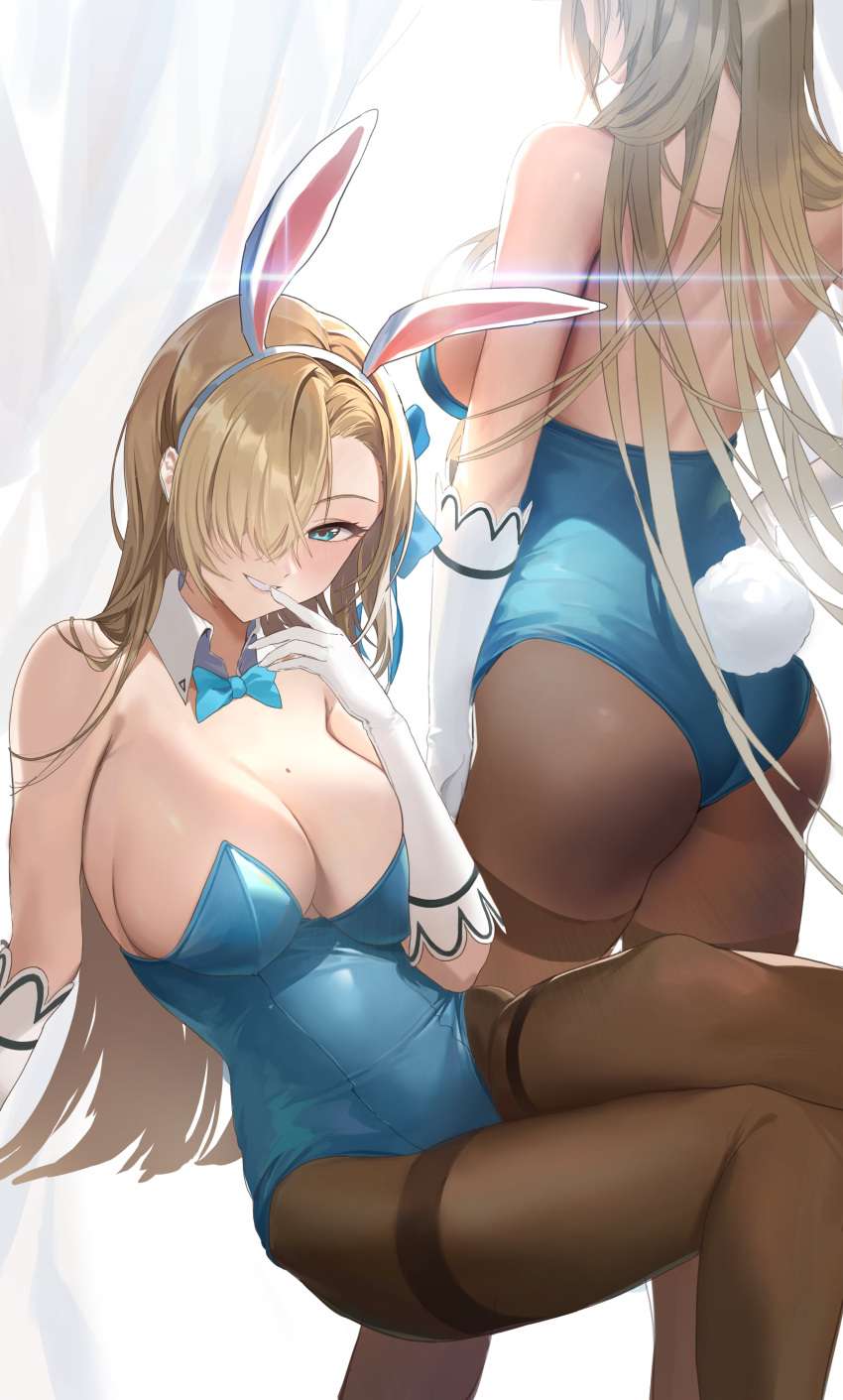 1girl absurdres animal_ears ass asuna_(blue_archive) bangs bare_shoulders blonde_hair blue_archive blue_eyes blue_leotard blush breasts brown_legwear cleavage detached_collar elbow_gloves fake_animal_ears from_behind gloves hair_ornament hair_over_one_eye hand_up highres leotard lips long_hair looking_at_viewer medium_breasts mole mole_on_breast moon_(yfsp7823) multiple_views pantyhose parted_bangs parted_lips playboy_bunny rabbit_ears rabbit_tail shiny shiny_skin simple_background smile strapless strapless_leotard tail white_gloves