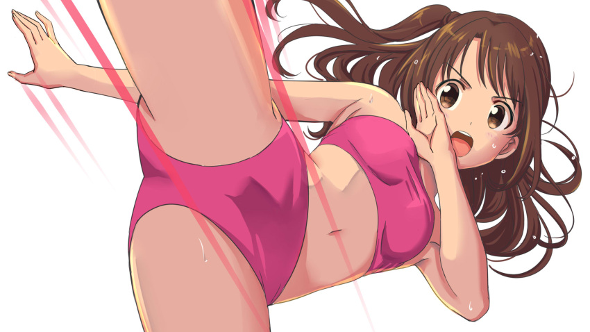 1girl bandeau bare_shoulders breasts brown_eyes brown_hair commentary_request highres idolmaster idolmaster_cinderella_girls johnny_(nyansama0412se) kicking long_hair midriff motion_lines navel one_side_up open_mouth pink_bandeau shimamura_uzuki small_breasts solo sweat