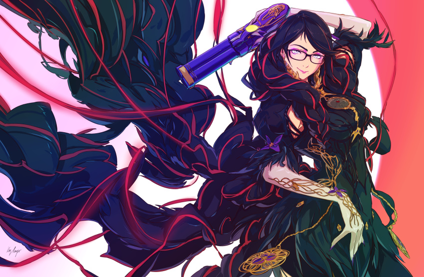 1girl absurdres bayonetta bayonetta_(series) bayonetta_3 black_dress black_hair braid dress eyeshadow glasses gun hair_ribbon handgun highres king_rooper lipstick long_hair looking_at_viewer makeup mole mole_under_mouth purple_nails ribbon smile solo twin_braids very_long_hair weapon