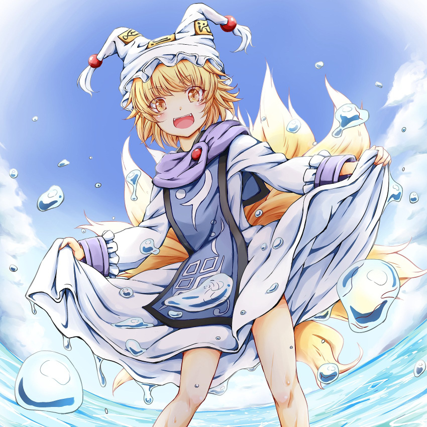 1girl alternate_breast_size bangs blue_sky blush breasts brooch clothes_lift cloud cloudy_sky dress dress_lift fox_tail frilled_dress frills full_body happy hat highres jewelry kitsune long_sleeves looking_at_viewer mob_cap multiple_tails ofuda open_mouth shoes short_hair signature sky small_breasts smile solo tabard tail tamasan tassel touhou water_drop white_sleeves wide_sleeves yakumo_ran yellow_eyes