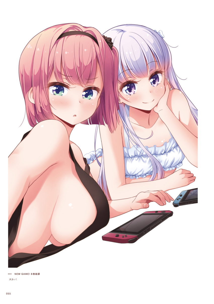 2girls bangs black_hairband black_shirt blue_eyes bra breasts cinderella_bust closed_mouth collarbone copyright_name eyebrows_visible_through_hair hair_intakes hairband handheld_game_console head_rest highres large_breasts long_hair looking_at_viewer lying mochizuki_momiji multiple_girls new_game! nintendo_switch no_bra official_art on_stomach page_number panties pink_hair purple_eyes shiny shiny_hair shirt short_hair sideboob silver_hair sleeveless sleeveless_shirt smile suzukaze_aoba tokunou_shoutarou underwear underwear_only very_long_hair white_bra white_panties