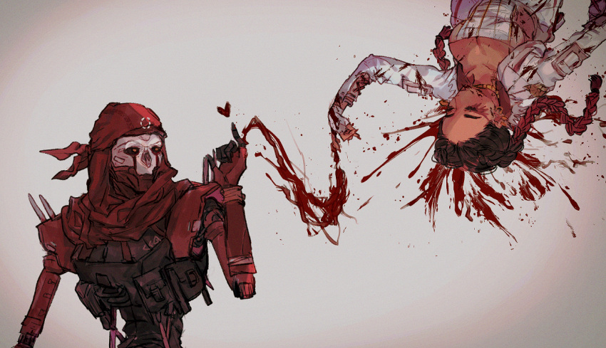 1boy 1girl apex_legends black_sclera blood braid breasts brown_hair cleavage closed_eyes colored_sclera corset dark-skinned_female dark_skin gradient_hair grey_background heart humanoid_robot jacket loba_(apex_legends) long_hair medium_breasts multicolored_hair red_bandana red_hair red_scarf revenant_(apex_legends) scarf shourou_kanna simulacrum_(titanfall) string string_of_fate twin_braids upside-down white_jacket yellow_eyes