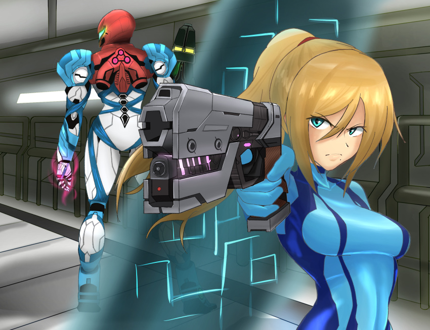 1girl arm_cannon armor ass bangs blonde_hair blue_eyes breasts glowing gun hair_ornament helmet highres jewelry long_hair looking_at_viewer medium_breasts metroid metroid_dread mole mole_under_mouth ponytail power_armor power_suit samus_aran science_fiction sidelocks simple_background solo upper_body vanishingknife visor weapon zero_suit