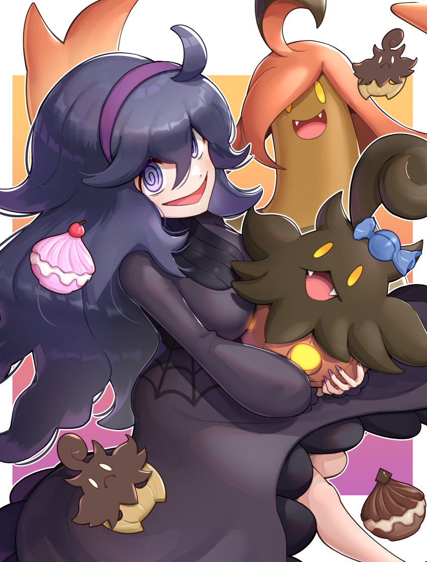 1girl @_@ absurdres fangs gonzarez gourgeist hairband hex_maniac_(pokemon) highres long_hair looking_at_viewer poke_puff pokemon pokemon_(creature) pokemon_(game) pokemon_xy pumpkaboo purple_eyes purple_hair purple_nails rare_candy smile spider_web_print