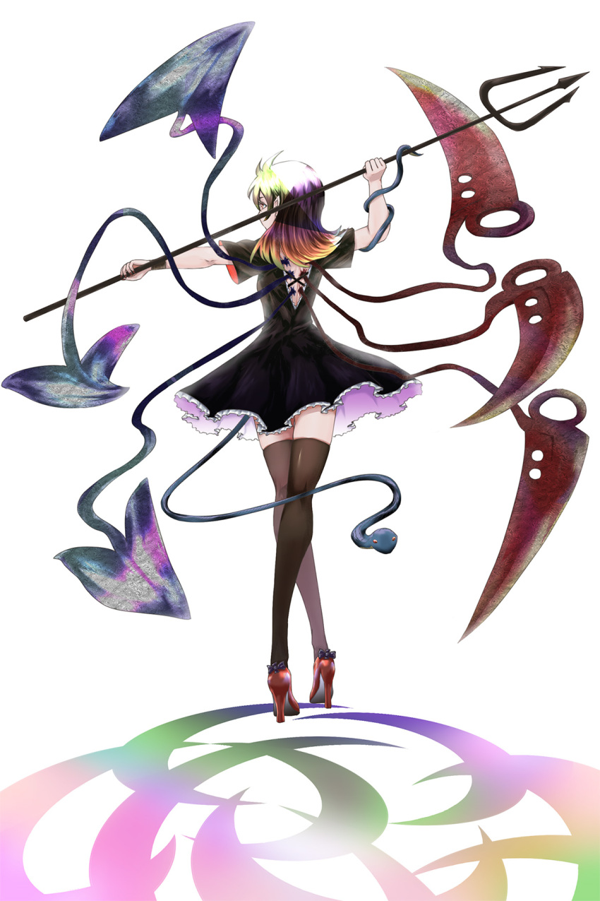 1girl asymmetrical_wings black_dress black_hair black_legwear blue_wings bow commentary_request dress footwear_bow frilled_dress frills from_behind full_body high_heels highres houjuu_nue legs medium_hair nue pointy_ears polearm red_footwear red_wings shadow short_dress short_sleeves snake snake_tail solo tail thighhighs touhou trident weapon white_background wings wristband yokochou youkai