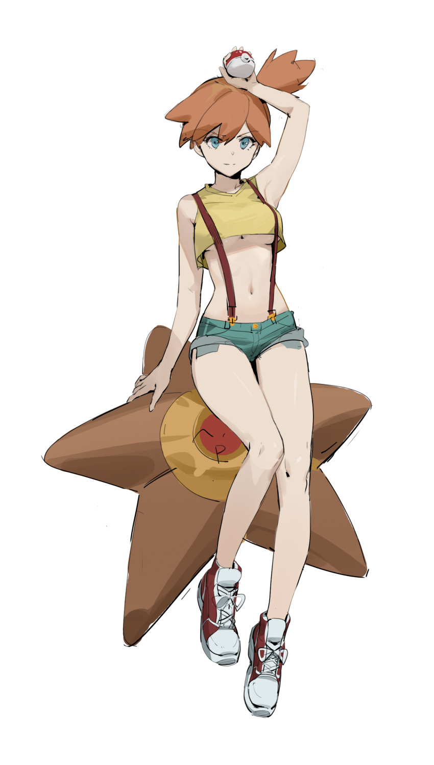 1girl absurdres armpits bare_legs blue_eyes breasts dokshuri full_body green_shorts halterneck highres holding holding_poke_ball medium_breasts midriff misty_(pokemon) navel orange_hair poke_ball poke_ball_(basic) pokemon pokemon_(anime) pokemon_(classic_anime) pokemon_(creature) shirt shoes shorts side_ponytail sneakers staryu suspenders underboob white_background yellow_shirt