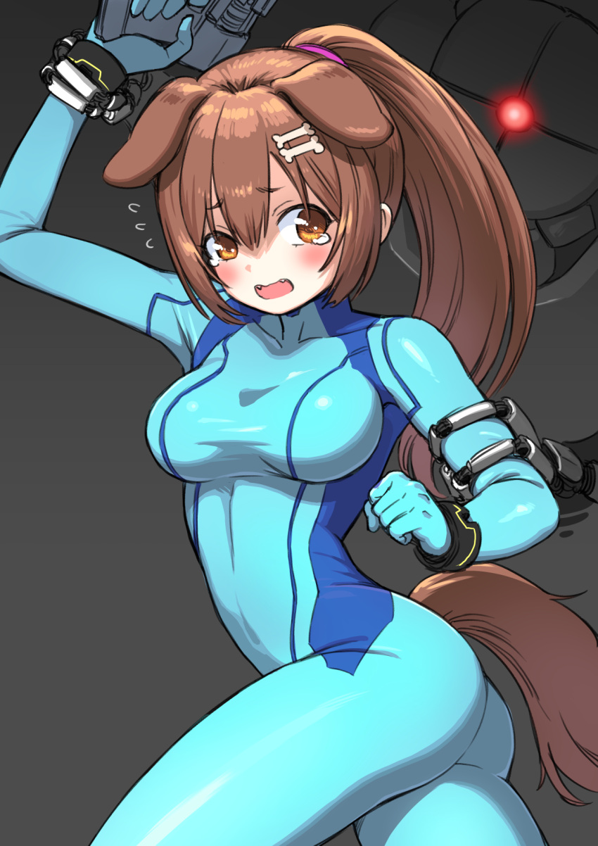 1girl animal_ears ass blue_bodysuit blush bodysuit bone_hair_ornament braid breasts brown_eyes brown_hair cosplay dog_ears dog_girl dog_tail e.m.m.i._(metroid) extra_ears fangs gun hair_ornament high_heels high_ponytail highres hololive inugami_korone jewelry long_hair looking_at_viewer medium_breasts metroid metroid_dread open_mouth ponytail sabaku_chitai samus_aran samus_aran_(cosplay) simple_background skin_tight solo tail virtual_youtuber weapon zero_suit