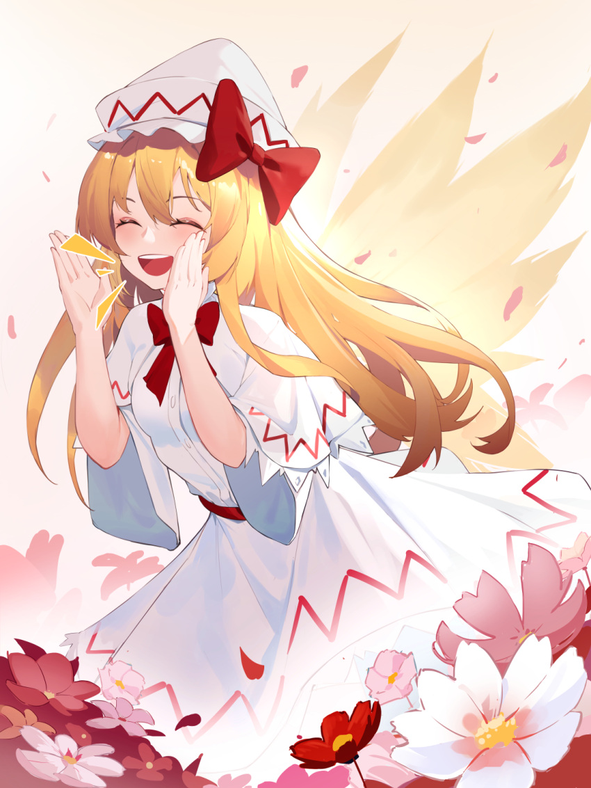 1girl arms_up bangs blonde_hair blue_eyes blush bow breasts buttons closed_eyes commentary dress eyebrows_visible_through_hair fairy_wings flower frilled_dress frills hair_between_eyes happy hat hat_bow highres lily_white long_hair long_sleeves medium_breasts open_mouth petals red_bow red_flower repoi shouting sky smile solo standing teeth tongue touhou upper_teeth white_dress white_headwear wide_sleeves wings