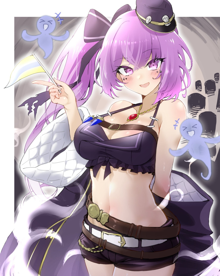 1girl :d amy_(shadowverse) arm_behind_back bare_shoulders belt black_coat black_shirt black_shorts bow breasts cleavage coat cowboy_shot crop_top escape0110 flag frills front-tie_top hair_bow halter_top halterneck hand_up hat highres holding jewelry large_breasts long_hair looking_at_viewer loose_belt micro_shorts midriff mini_hat multiple_belts navel necklace off_shoulder open_clothes open_coat open_mouth peaked_cap purple_eyes purple_hair shadowverse shirt shorts side_ponytail sleeveless sleeveless_shirt smile solo spaghetti_strap stomach tilted_headwear wide_sleeves