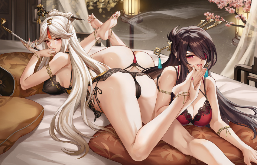 2girls bangs bare_legs barefoot beidou_(genshin_impact) black_gloves black_legwear breasts brown_hair claw_ring commentary_request dress eyebrows_visible_through_hair eyepatch feet feet_up fingerless_gloves foot_worship fur_trim genshin_impact gloves hair_ornament hair_over_one_eye hair_stick highres holding holding_another's_foot holding_pipe indoors kacyu large_breasts leg_tattoo licking licking_foot lingerie long_hair looking_at_viewer lying md5_mismatch multiple_girls naughty_face ningguang_(genshin_impact) no_shoes on_bed on_stomach parted_bangs parted_lips pink_nails pipe red_dress red_eyes red_nails short_sleeves tattoo thighhighs toenails toes tongue tongue_out underwear very_long_hair white_dress white_hair yuri