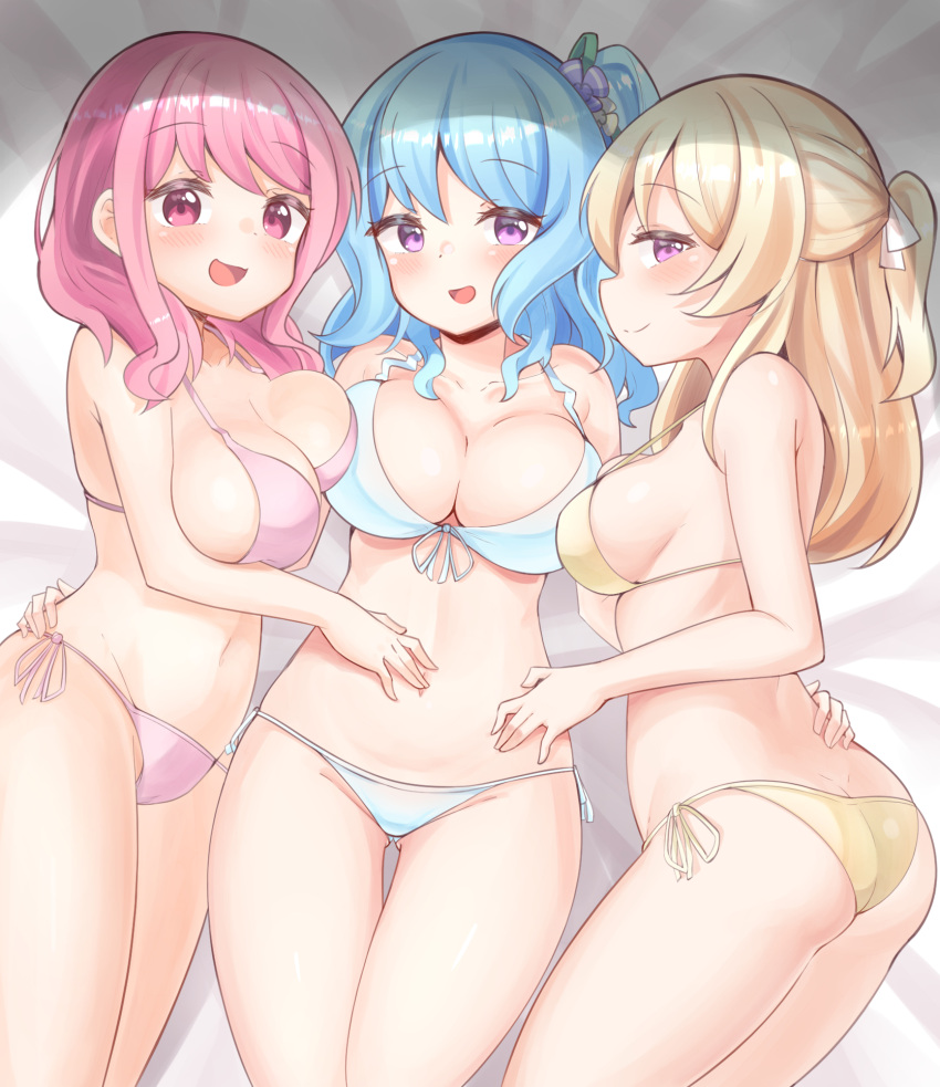 3girls :d ass ass_visible_through_thighs bang_dream! bangs bare_legs bare_shoulders bed_sheet bikini blonde_hair blue_bikini blue_hair blush breast_press breasts cleavage closed_mouth collarbone cowboy_shot eyebrows_visible_through_hair flower front-tie_bikini front-tie_top groin hair_flower hair_ornament hair_ribbon half_updo halterneck hand_on_another's_stomach hand_on_another's_waist highres hug large_breasts long_hair looking_at_viewer lowleg lowleg_bikini lying maruyama_aya matsubara_kanon medium_breasts medium_hair multiple_girls navel on_back on_side one_side_up open_mouth pink_bikini pink_eyes pink_hair purple_eyes ribbon rustysalmon shiny shiny_hair shiny_skin shirasagi_chisato short_ponytail side-tie_bikini sideboob sidelocks smile stomach strap_gap string_bikini swimsuit thigh_gap thighs waist_hug white_ribbon yellow_bikini