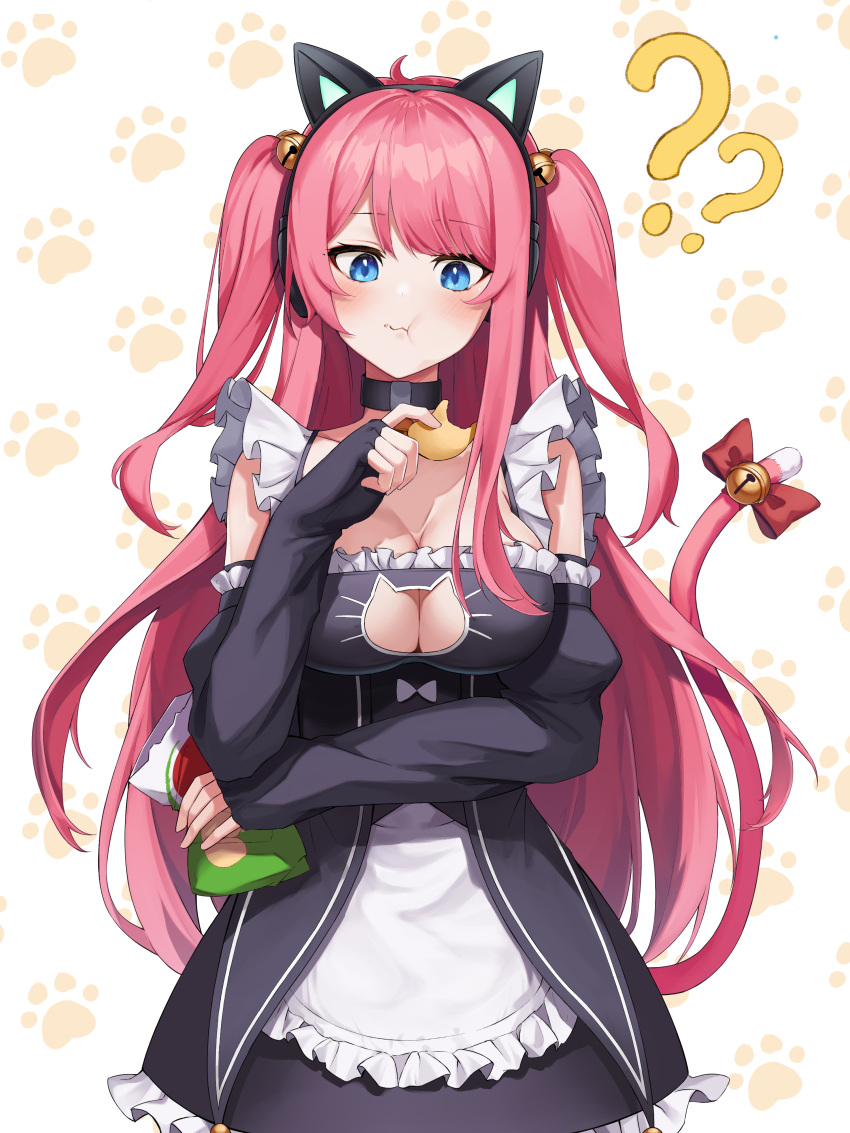 1girl :t ? ?? absurdres animal_ears apron axent_wear bare_shoulders bell black_choker black_dress black_gloves blue_eyes breasts cat_cutout cat_ear_headphones chips choker cleavage cleavage_cutout clothing_cutout dress eating elbow_gloves fake_animal_ears fingerless_gloves food frilled_dress frills gloves headphones highres holding jingle_bell large_breasts long_hair looking_at_viewer maid maid_apron original pink_hair potato_chips setsurimu_(pro_viden) sleeveless sleeveless_dress solo two_side_up very_long_hair waist_apron