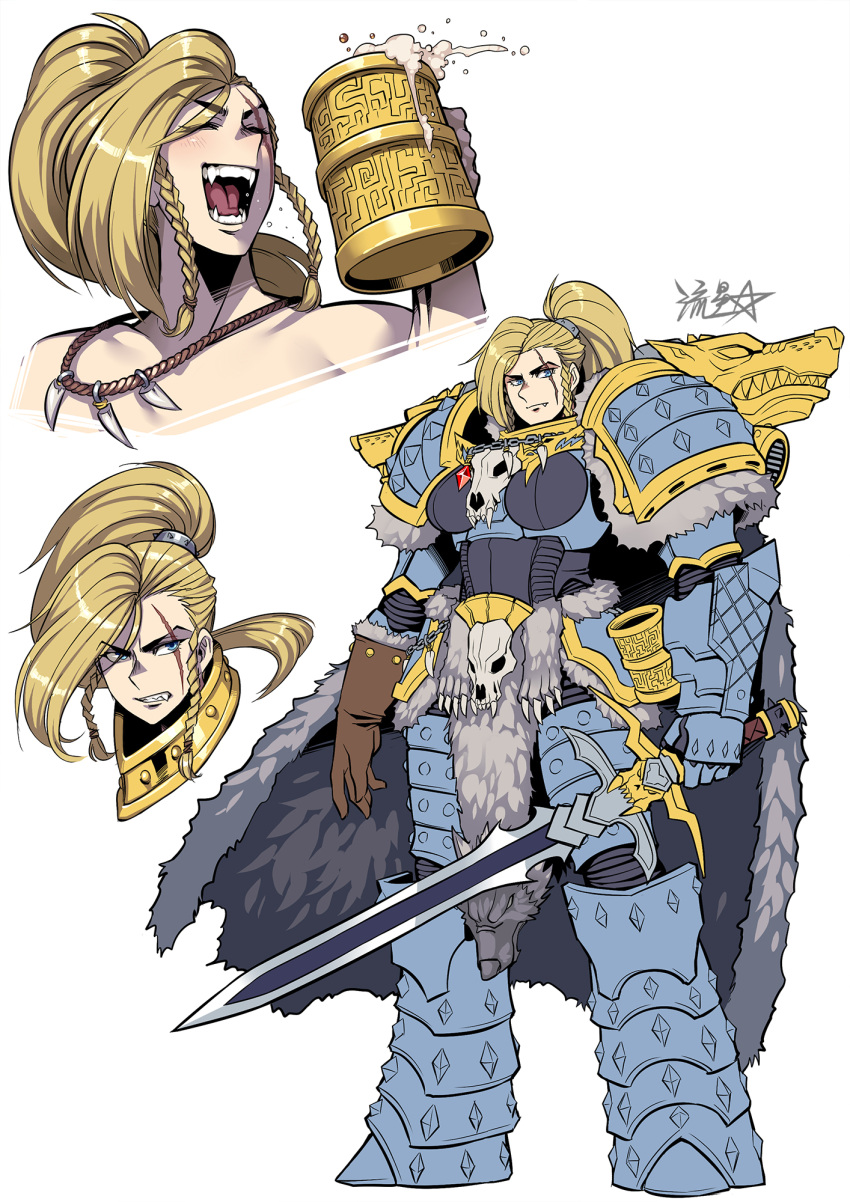1girl :d adeptus_astartes animal_skull armor beer_mug blonde_hair blue_eyes blush boobplate braid breastplate cape clenched_teeth closed_mouth commentary cup fang fang_out fangs fur_cape gauntlets genderswap genderswap_(mtf) greaves highres holding holding_cup holding_sword holding_weapon leman_russ long_hair looking_at_viewer mug multiple_views open_mouth pauldrons pelt pelvic_curtain ponytail ryuusei_(mark_ii) scar scar_across_eye shoulder_armor shoulder_spikes side_braids signature simple_background smile space_wolves spikes sword tankard teeth tooth_necklace warhammer_40k weapon white_background
