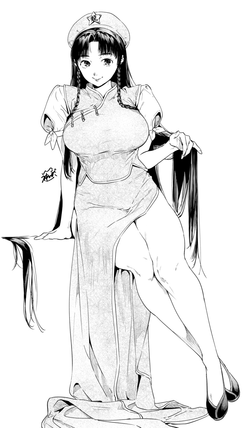 1girl absurdres bangs banned_artist breasts closed_mouth commentary_request greyscale highres hong_meiling kamiyama_aya large_breasts monochrome simple_background sitting smile solo touhou white_background