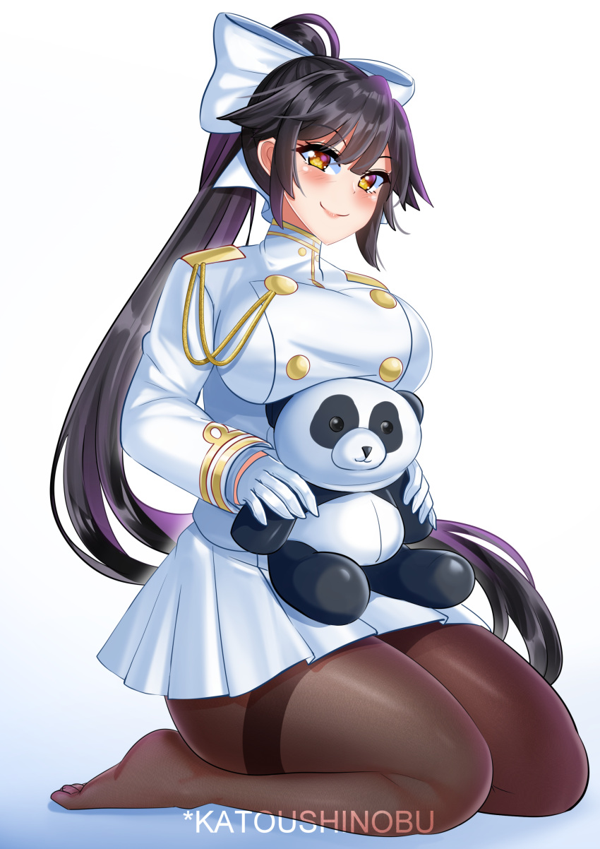 1girl absurdres animal_ears azur_lane black_hair black_legwear bow breasts dog_ears extra_ears eyebrows_visible_through_hair gloves gradient gradient_background hair_between_eyes hair_bow hair_ears hair_flaps highres jacket katou_shinobu large_breasts lips long_hair long_sleeves looking_at_viewer military military_uniform miniskirt panda pantyhose pleated_skirt ponytail skirt stuffed_animal stuffed_toy takao_(azur_lane) teddy_bear thighband_pantyhose uniform white_background white_bow white_gloves yellow_eyes