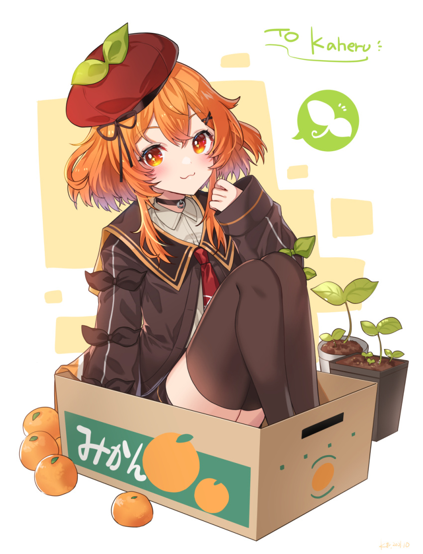 1girl :3 bangs beret black_legwear box cardboard_box choker closed_mouth hat highres indie_virtual_youtuber kaheru_(vtuber) kgr long_sleeves looking_at_viewer necktie orange_eyes orange_hair plant sitting sleeves_past_wrists solo thighhighs virtual_youtuber