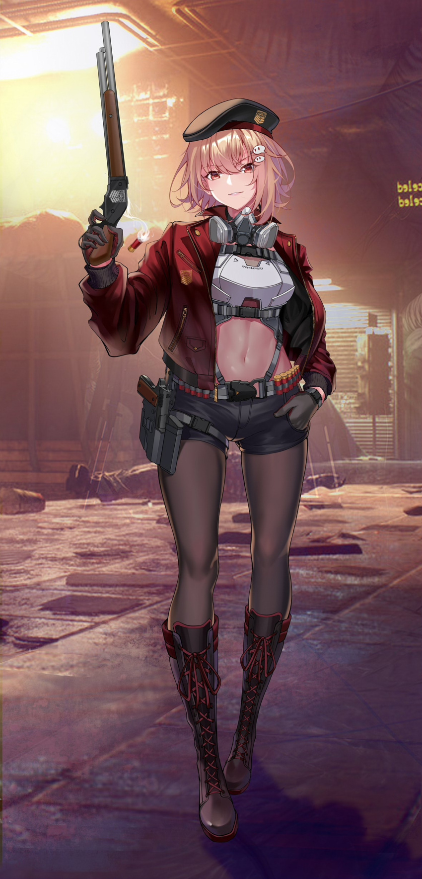 1girl absurdres ammunition_belt armor beret black_footwear black_gloves black_legwear black_shorts boots breasts bullet closed_mouth commentary_request cross-laced_footwear eyebrows_visible_through_hair full_body girls'_frontline gloves grifon_&amp;_kryuger gun hair_ornament hairclip hand_in_pocket handgun hat highres holding holding_gun holding_weapon holster holstered_weapon jacket knee_boots lace-up_boots lips looking_at_viewer mask mask_around_neck medium_hair navel open_clothes open_jacket original pantyhose pink_eyes pink_hair red_jacket respirator rubber_boots san_ka shorts shotgun solo standing weapon