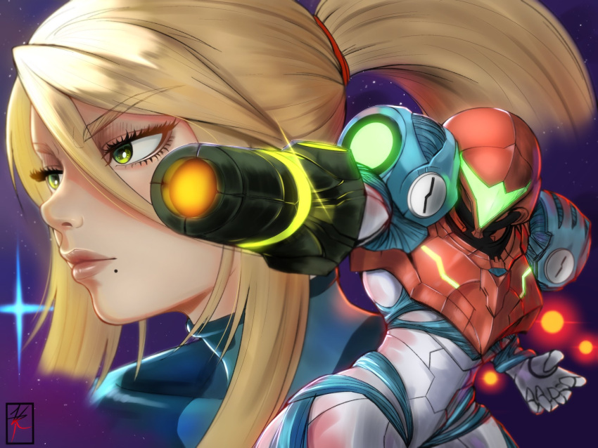 1girl arm_cannon armor bangs blonde_hair blue_eyes glowing gun helmet highres long_hair looking_at_viewer metroid metroid_dread mole mole_under_mouth ponytail power_armor power_suit samus_aran science_fiction sidelocks simple_background solo upper_body velvetredart visor weapon