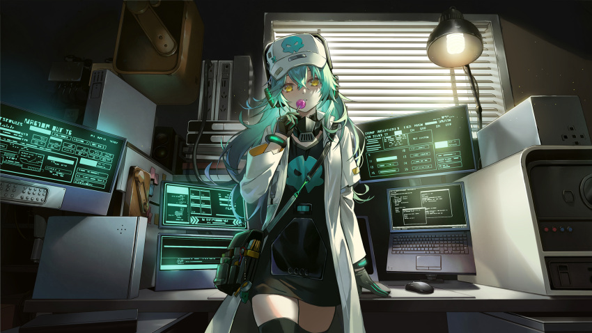 1girl antonina_(girls'_frontline_nc) aqua_hair bag black_dress blinds bracelet candy coat commentary_request computer cowboy_shot desk dress food girls'_frontline girls'_frontline_neural_cloud gloves hair_between_eyes hat headphones highres jewelry labcoat lamp laptop lino_chang lollipop long_hair looking_at_viewer mask mask_around_neck monitor mouse_(computer) parted_lips respirator shoulder_bag skull_print solo thighhighs white_coat yellow_eyes zettai_ryouiki