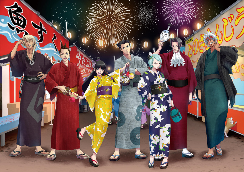 2girls 5boys ace_attorney apollo_justice ascot bag black_hair blonde_hair crossed_arms dog ear_piercing festival fireworks franziska_von_karma godot_(ace_attorney) hair_ornament handbag highres japanese_clothes kimono klavier_gavin lantern leg_up magatama market_stall mask maya_fey miles_edgeworth missile_(ace_attorney) multiple_boys multiple_girls phoenix_wright piercing rubbing_neck sandals silver_hair yukata