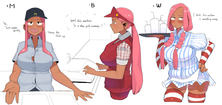 cash_register cashier cosplay dark_skin drink hat highres mcdonald's ohasi original pants pink_hair red_headwear red_pants red_shirt shirt striped striped_legwear thighhighs wendy's wendy_(wendy's) wendy_(wendy's)_(cosplay)