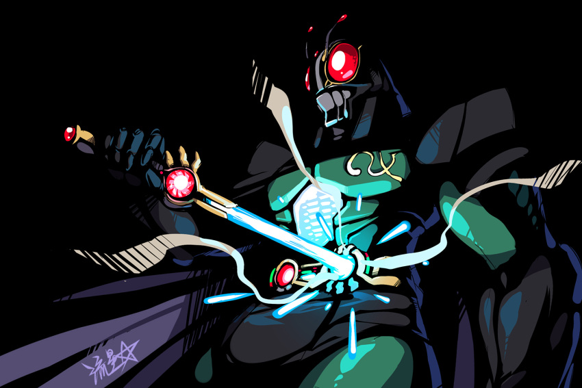 1boy armor black_background cape cowboy_shot drawing_sword energy_sword full_armor helmet holding holding_sword holding_weapon kamen_rider kamen_rider_black_rx kamen_rider_black_rx_(series) male_focus pauldrons purple_cape ryuusei_(mark_ii) shoulder_armor signature simple_background solo sword weapon