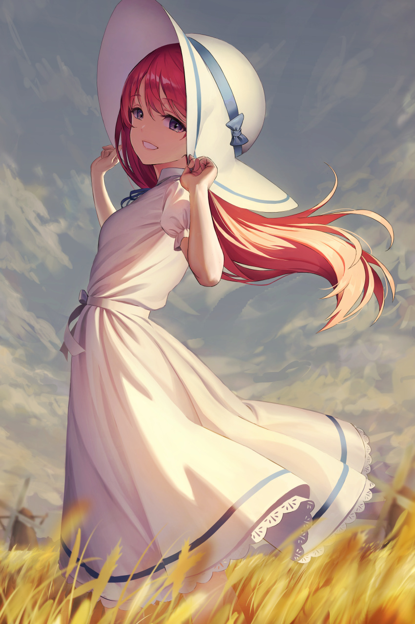 1girl absurdres bangs day dress eyebrows_visible_through_hair floating_hair grin hair_between_eyes hat highres long_dress long_hair original outdoors purple_eyes red_hair ribbon shiny shiny_hair short_sleeves sion_(9117) smile solo standing straight_hair sun_hat sundress very_long_hair wheat_field white_dress white_headwear white_ribbon windmill