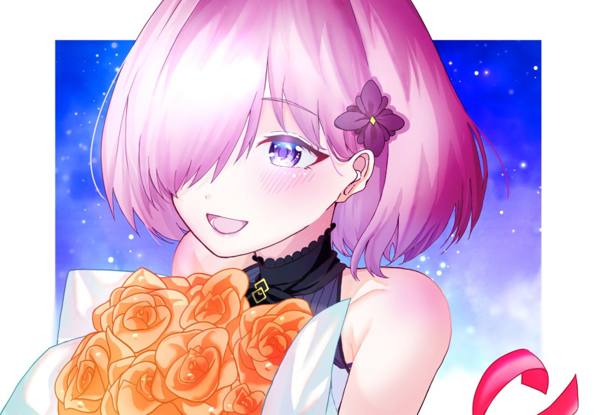 1girl alternate_costume bare_shoulders black_neckwear blush bouquet collarbone commentary_request dress eyebrows_visible_through_hair fate/grand_order fate_(series) flower hair_flower hair_ornament hair_over_one_eye highres light_purple_hair mash_kyrielight official_alternate_costume one_eye_covered open_mouth orange_flower orange_rose purple_eyes purple_flower rose short_hair sleeveless sleeveless_dress smile solo t_maguo tongue under_the_same_sky upper_body white_dress