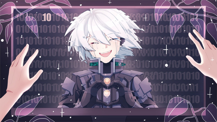 1boy 1other android bangs black_background buttons cheer_(cheerkitty14) closed_eyes commentary crying danganronpa_(series) danganronpa_v3:_killing_harmony facing_viewer gradient gradient_background grey_hair hair_between_eyes hands_up happy_tears heart heart_hands keebo male_focus open_mouth pov power_armor shiny shiny_hair short_hair smile solo_focus tears upper_body white_hair