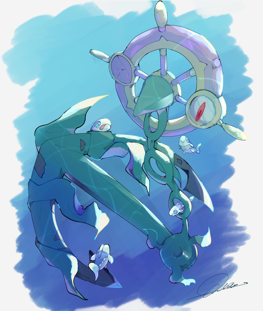 absurdres anchor chain commentary dhelmise fish highres looking_down no_humans pokemon pokemon_(creature) qua red_eyes signature solo underwater wishiwashi wishiwashi_(solo)