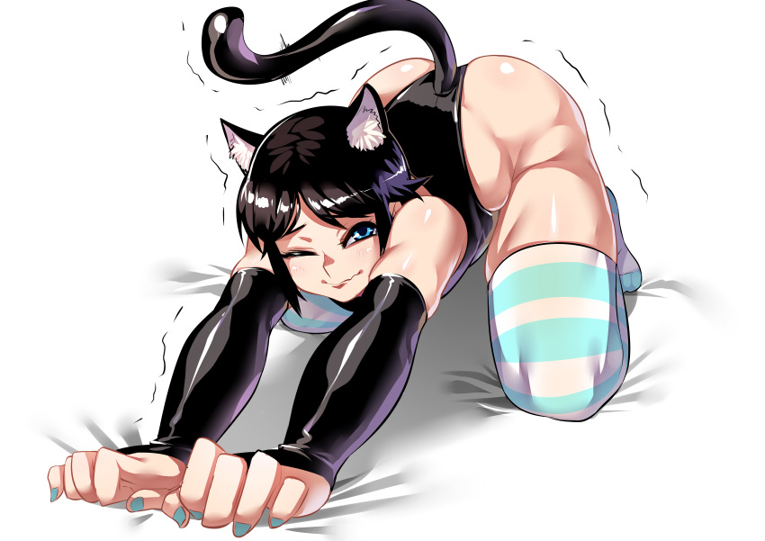 1girl :} absurdres all_fours animal_ear_fluff animal_ears aqua_eyes aqua_nails ass bare_shoulders black_hair cat_ears cat_stretch cat_tail clenched_hands detached_sleeves gloves highres kemonomimi_mode leotard looking_at_viewer lying nail_polish on_stomach one_eye_closed original paw_pose ryuusei's_short-haired_girl ryuusei_(mark_ii) shiny shiny_skin short_hair signature skindentation solo stretch tail taut_leotard thighhighs top-down_bottom-up trembling wavy_mouth