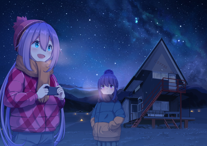 2girls :d bangs beach beach_house beanie black_scarf blue_eyes blue_hair blue_pants camping cellphone coat commentary_request denim green_coat hair_between_eyes hair_bun hands_in_pockets hat highres holding holding_phone jeans kagamihara_nadeshiko long_hair m.a.y. milky_way mountain mountainous_horizon multiple_girls night night_sky ocean open_mouth orange_coat orange_scarf outdoors pants parted_lips phone pink_coat pink_hair pink_headwear purple_eyes scarf shima_rin simple_background sky smartphone smile stairs standing star_(sky) starry_sky tent two-tone_coat window yurucamp