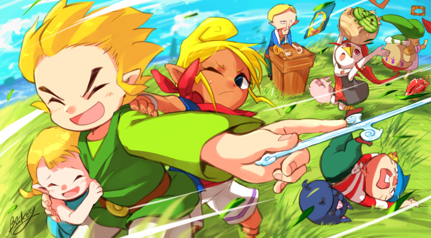 aryll blikeeeey blonde_hair brother_and_sister closed_eyes dark-skinned_female dark_skin grass korok link makar medli niko_(wind_waker) open_mouth pointy_ears rito scarf siblings smile tetra the_legend_of_zelda the_legend_of_zelda:_the_wind_waker toon_link wind